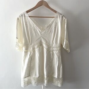 EUC Andrew & Co Ivory 100% Cotton Short Sleeve Top Lace Detailed Size XL